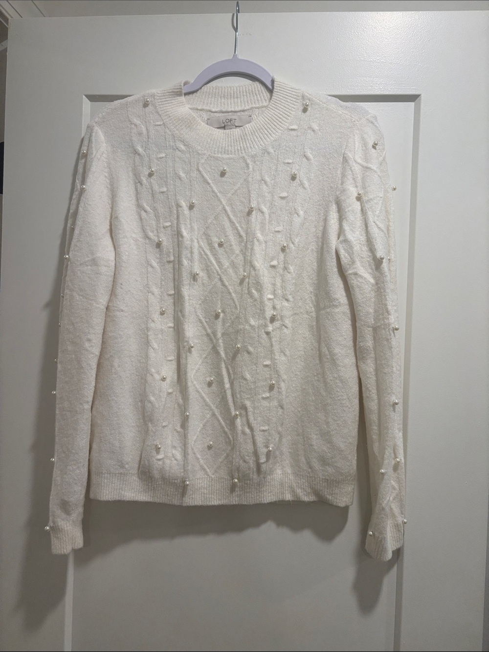 LOFT Ivory Pearl-Embellished Cable Crewneck Sweater